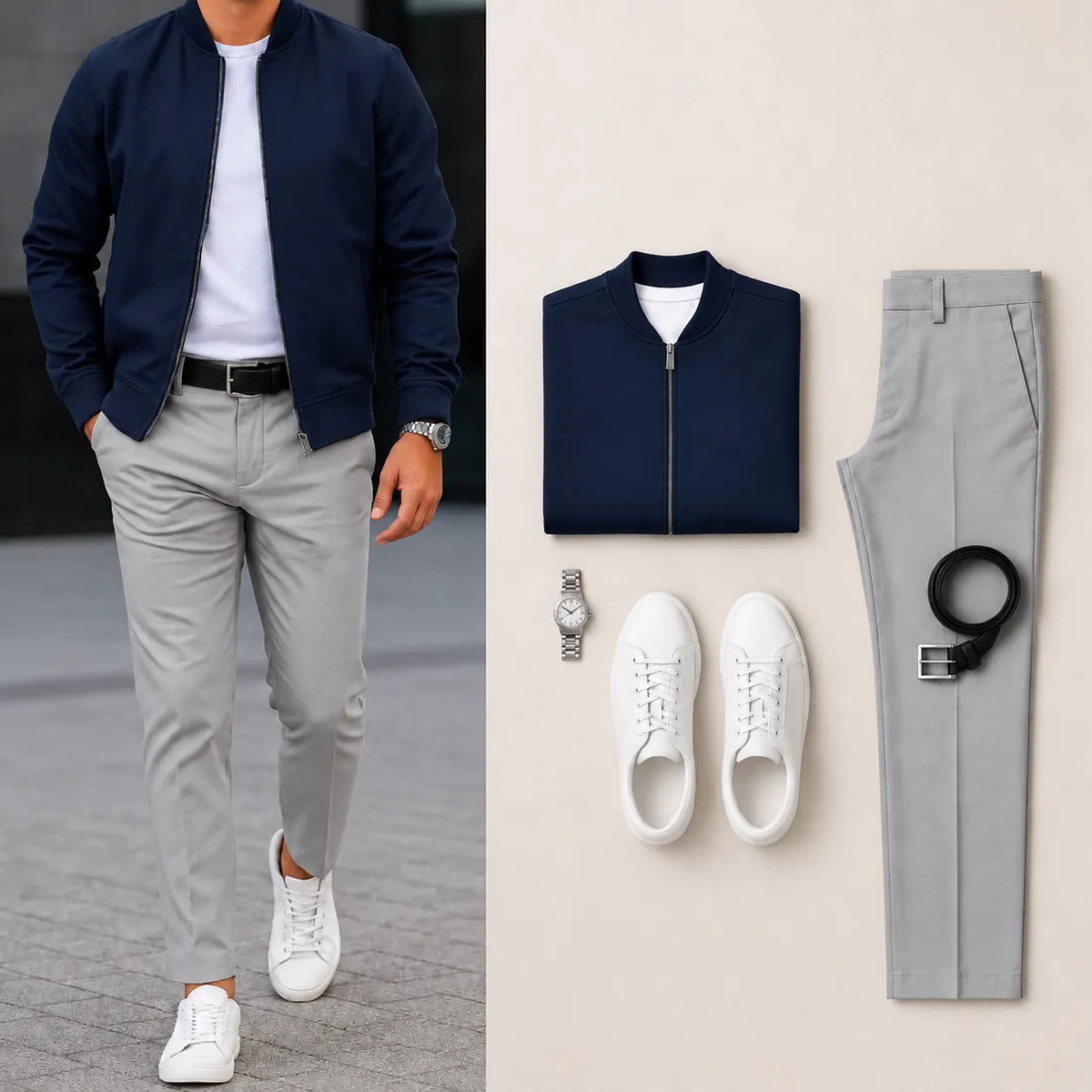 Men’s Full-Zip Bomber Jacket & Straight-Leg Pants  2-Piece Casual Outfit