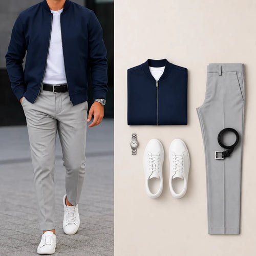 Men’s Full-Zip Bomber Jacket & Straight-Leg Pants  2-Piece Casual Outfit