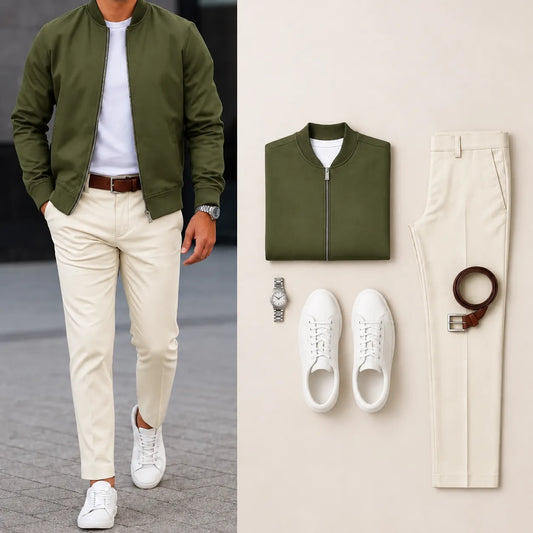 Men’s Full-Zip Bomber Jacket & Straight-Leg Pants  2-Piece Casual Outfit