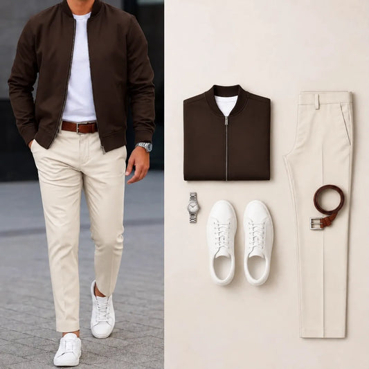 Men’s Full-Zip Bomber Jacket & Straight-Leg Pants  2-Piece Casual Outfit