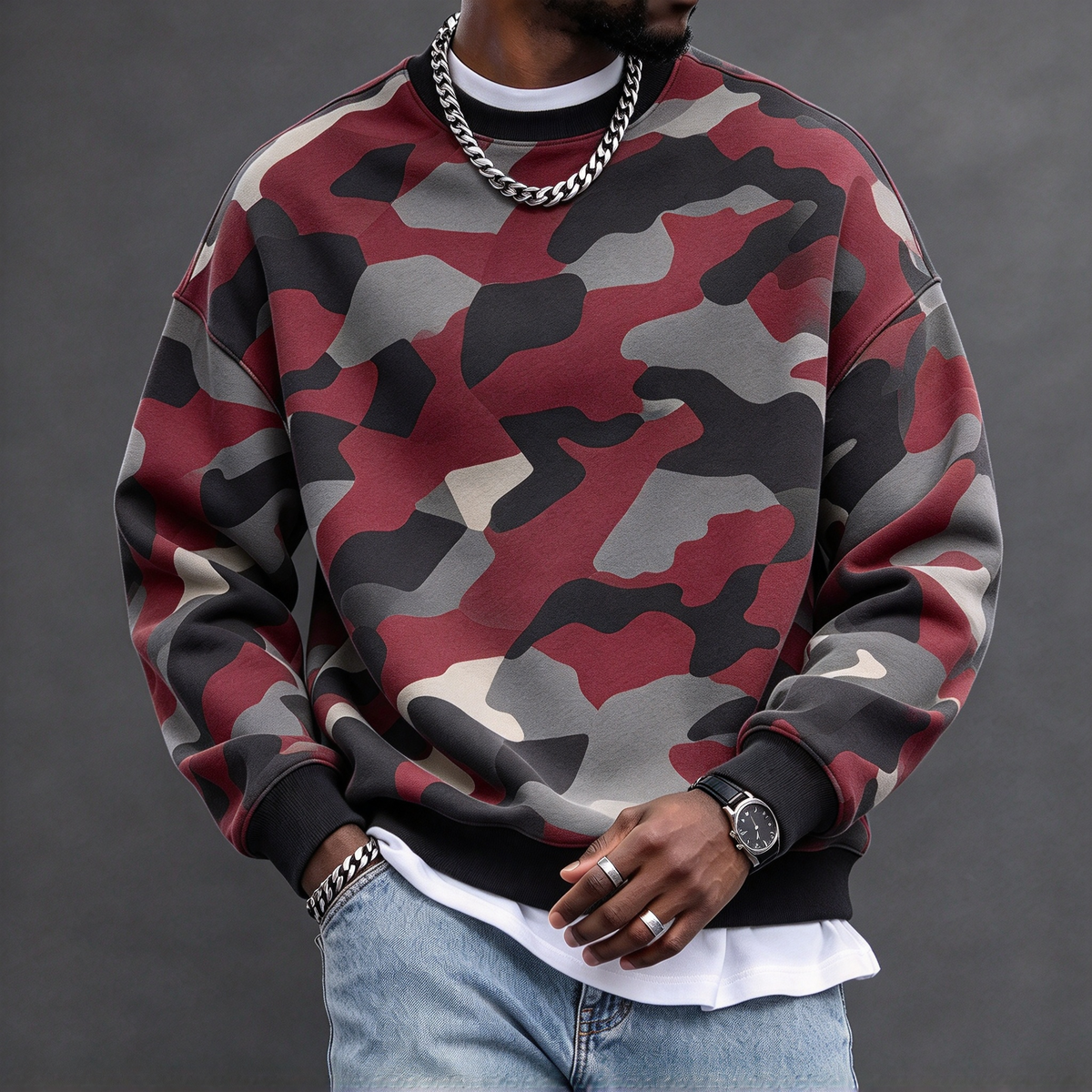 Men's Red and Gray Camo Print Sweatshirt