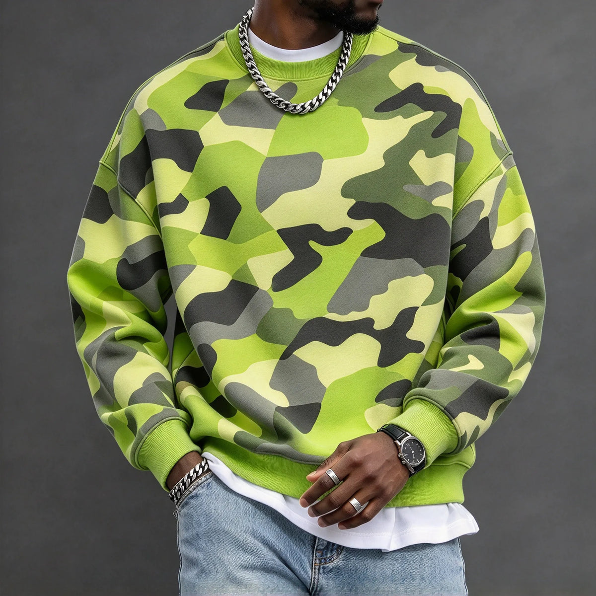 Men's Neon Green Camo Print Sweatshirt