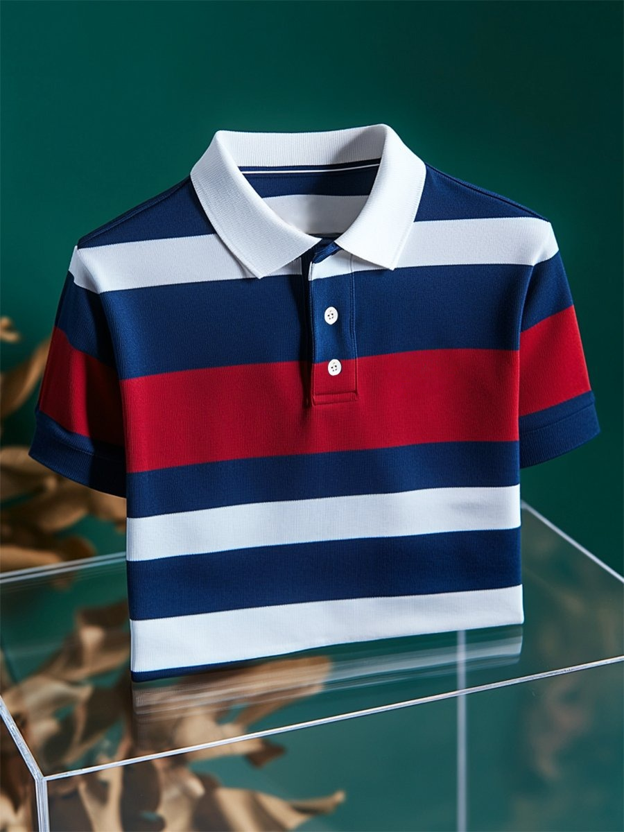 Men's Business Casual Striped Button Short Sleeve Polo Shirt