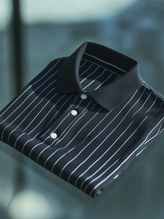 Men's Business Casual Striped Logo Button Short Sleeve Polo Shirt