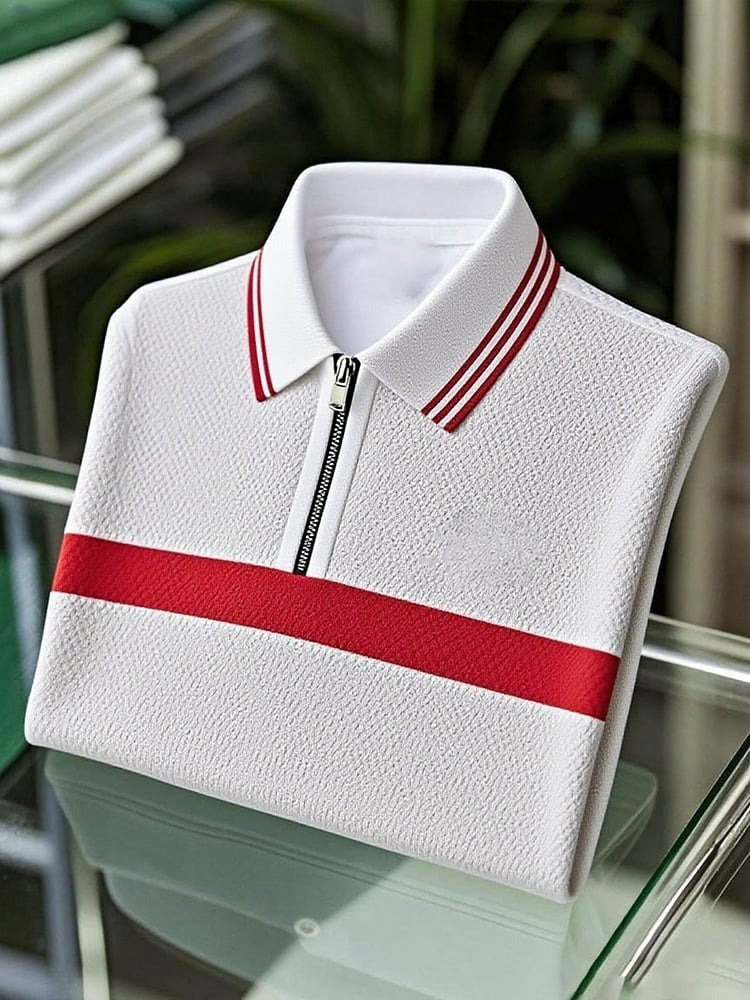 Men's Business Casual Logo Waffle Zip-Up Short Sleeve Polo