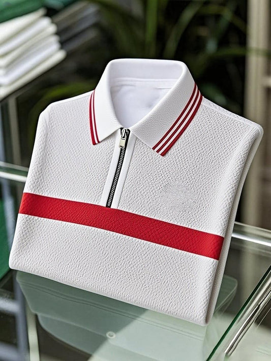 Men's Business Casual Logo Waffle Zip-Up Short Sleeve Polo