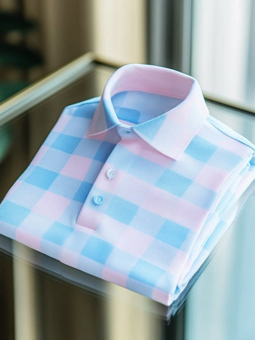 Men's Business Casual Plaid Logo Button Short Sleeve Polo Shirt