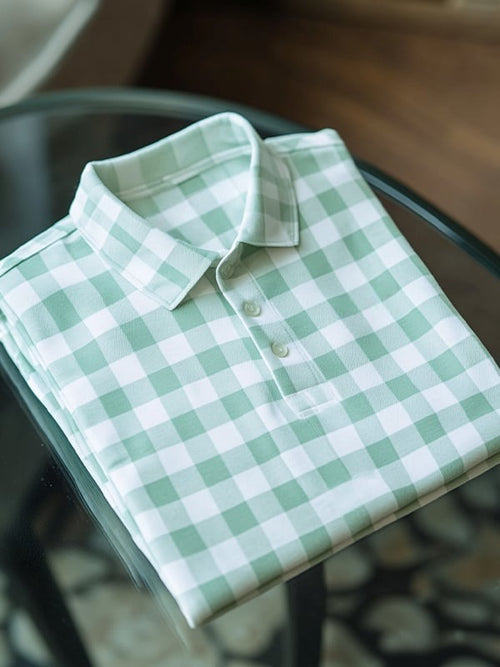 Men's Business Casual Plaid Logo Button Short Sleeve Polo Shirt