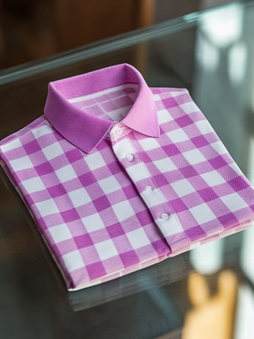 Men's Business Casual Plaid Logo Button Short Sleeve Polo Shirt
