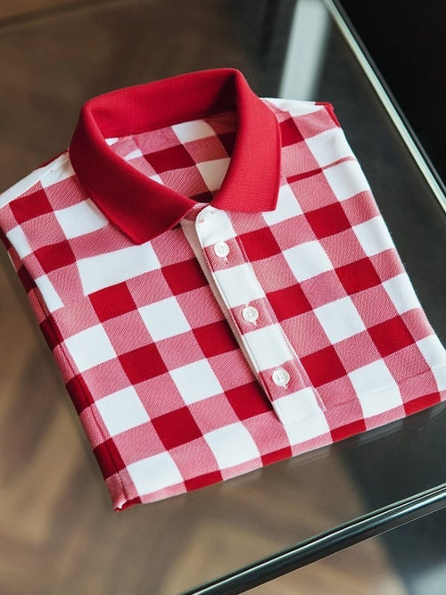 Men's Business Casual Plaid Logo Button Short Sleeve Polo Shirt