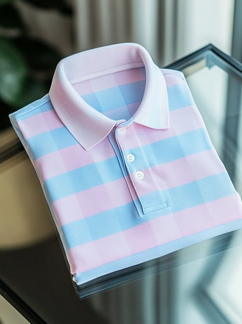 Men's Business Casual Plaid Logo Button Short Sleeve Polo Shirt
