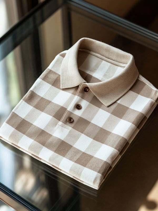 Men's Business Casual Plaid Logo Button Short Sleeve Polo Shirt