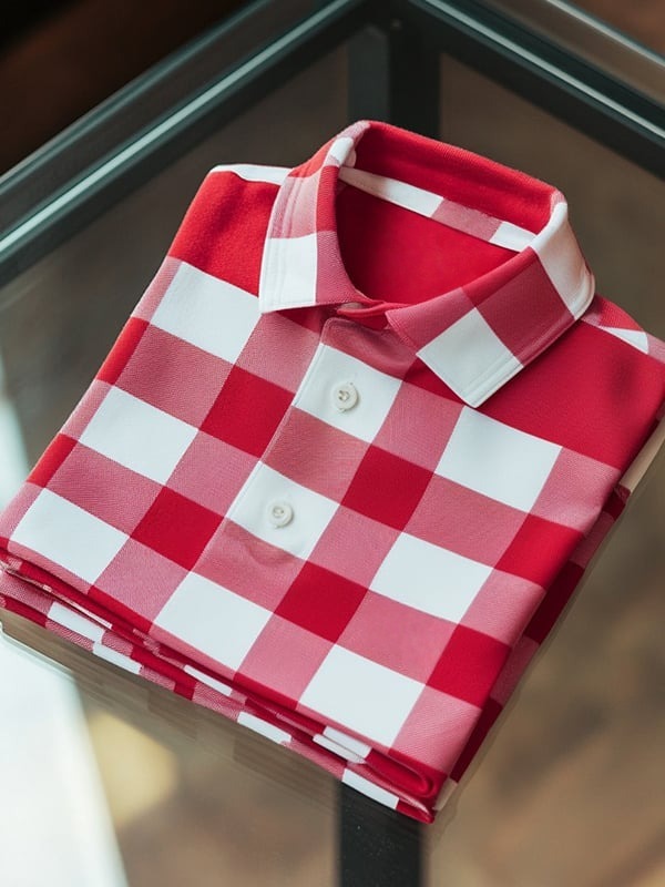 Men's Business Casual Plaid Logo Button Short Sleeve Polo Shirt