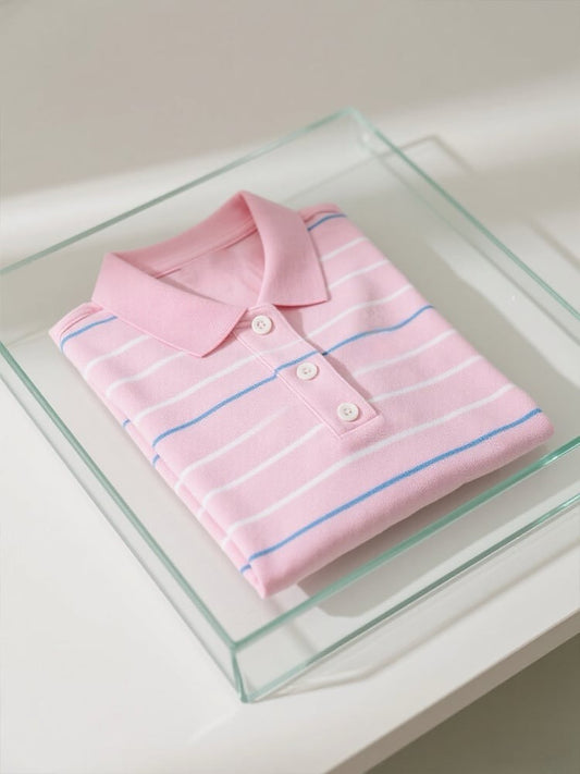 Men's Business Casual Striped Logo Button Short Sleeve Polo Shirt