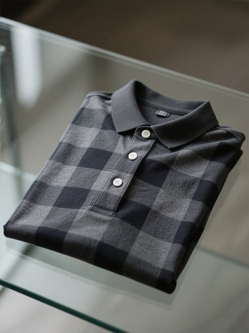 Men's Business Casual Plaid Logo Button Short Sleeve Polo Shirt