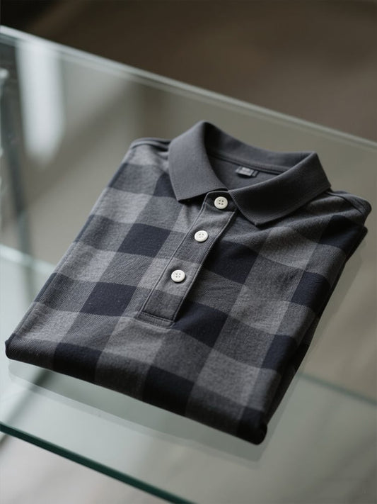 Men's Business Casual Plaid Logo Button Short Sleeve Polo Shirt