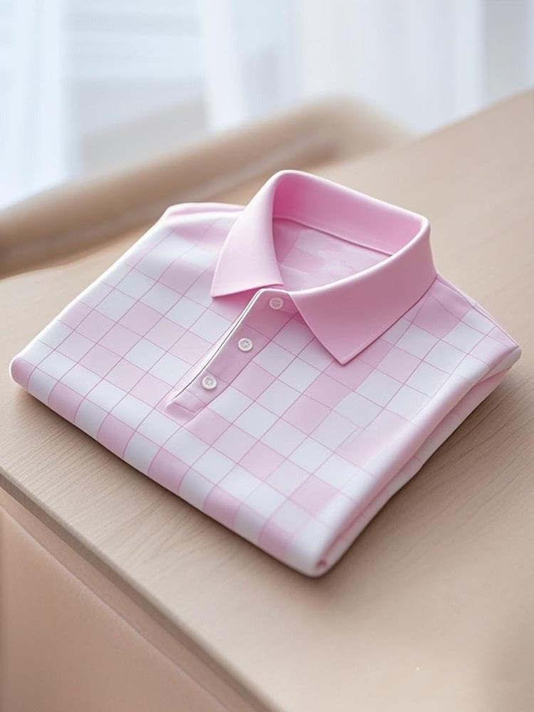 Men's Business Casual Plaid Logo Button Short Sleeve Polo Shirt