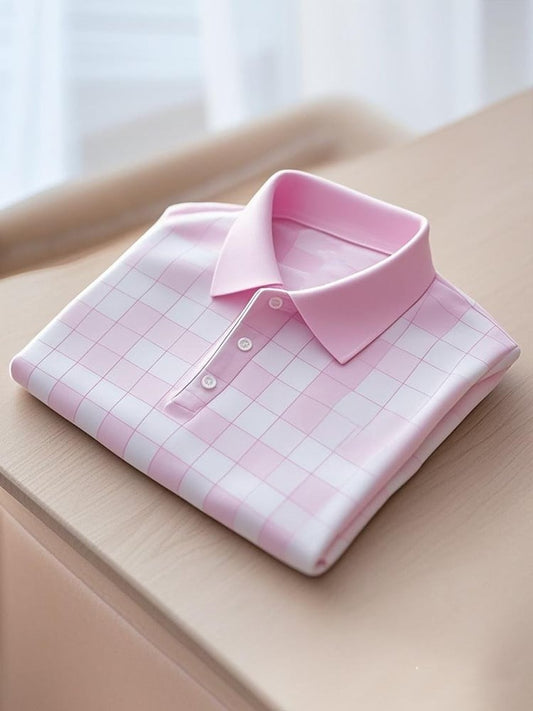 Men's Business Casual Plaid Logo Button Short Sleeve Polo Shirt