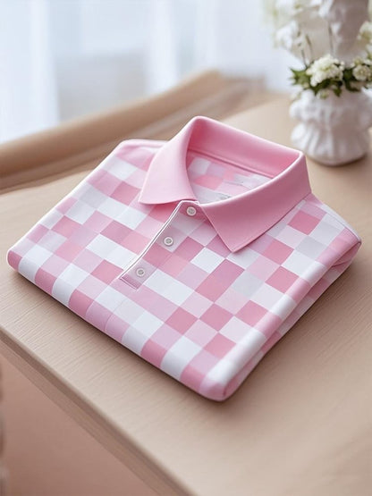 Men's Business Casual Plaid Logo Button Short Sleeve Polo Shirt