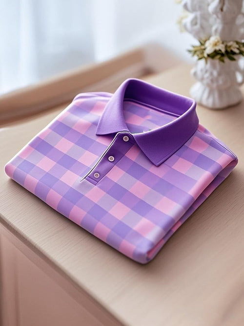 Men's Business Casual Plaid Logo Button Short Sleeve Polo Shirt