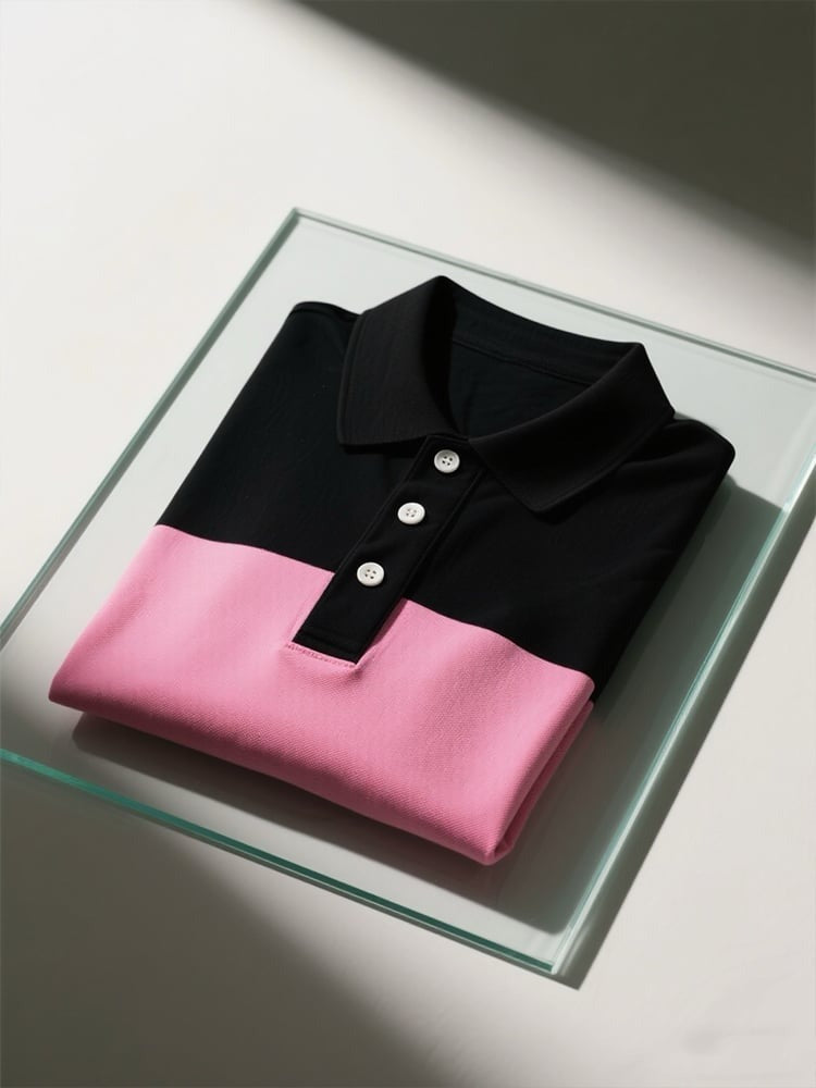 Men's Business Casual Colorblock Logo Button Short Sleeve Polo Shirt