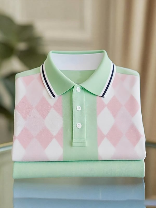 Men's Classic Business Stripe Logo Button Short Sleeve Polo Shirt