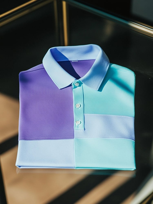Men's Business Casual Blue Purple Stitched Logo Button Short Sleeve Polo Shirt