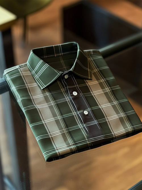 Men's Business Casual Green Plaid Logo Button Short Sleeve Polo Shirt