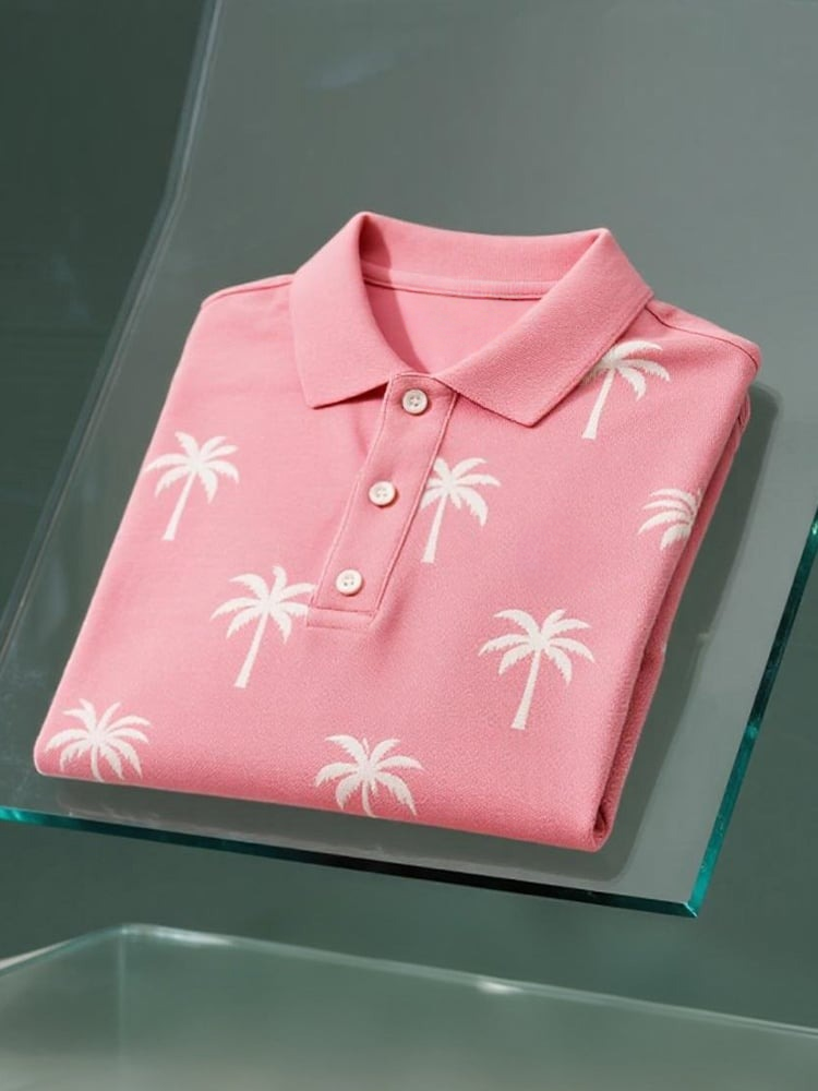 Men's Business Casual Coconut Tree Silhouette Logo Button Short Sleeve Polo Shirt