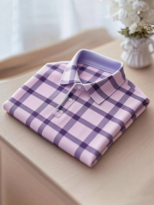 Men's Business Casual Plaid Logo Button Short Sleeve Polo Shirt