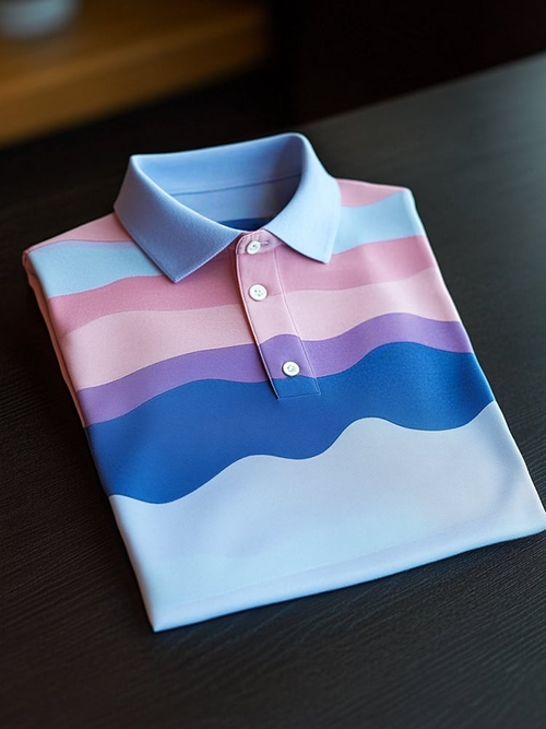 Men's Business Casual Wave Logo Button Short Sleeve Polo Shirt