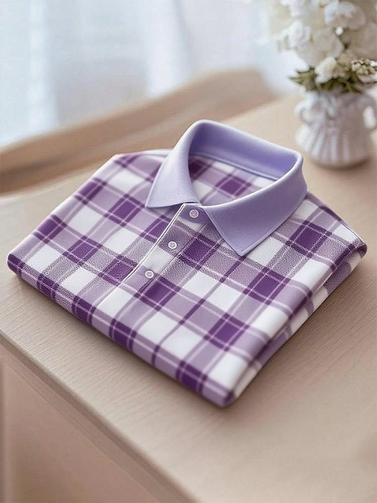 Men's Business Casual Plaid Logo Button Short Sleeve Polo Shirt