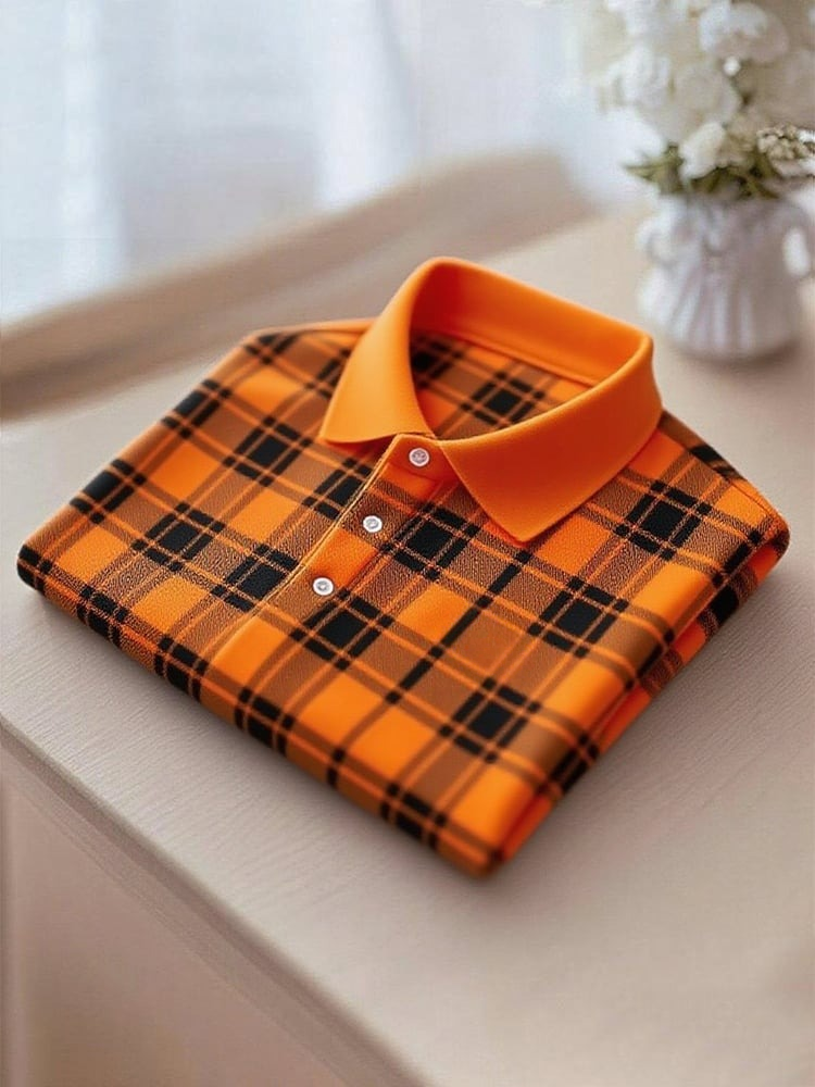 Men's Business Casual Plaid Logo Button Short Sleeve Polo Shirt