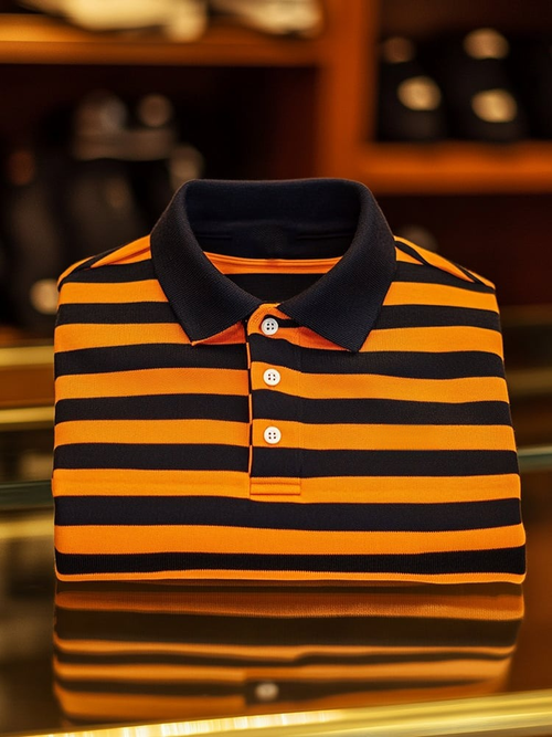 Men's Business Casual Orange Stripe Logo Button Short Sleeve Polo Shirt