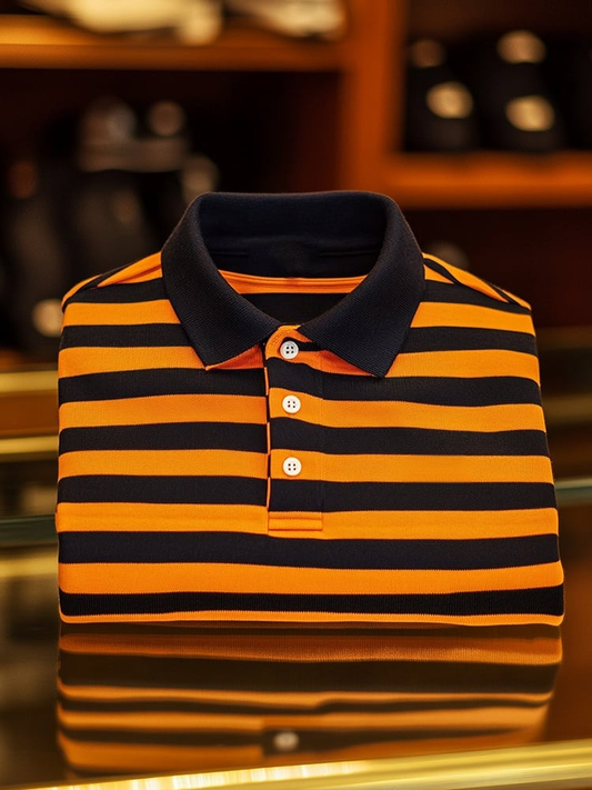 Men's Business Casual Orange Stripe Logo Button Short Sleeve Polo Shirt