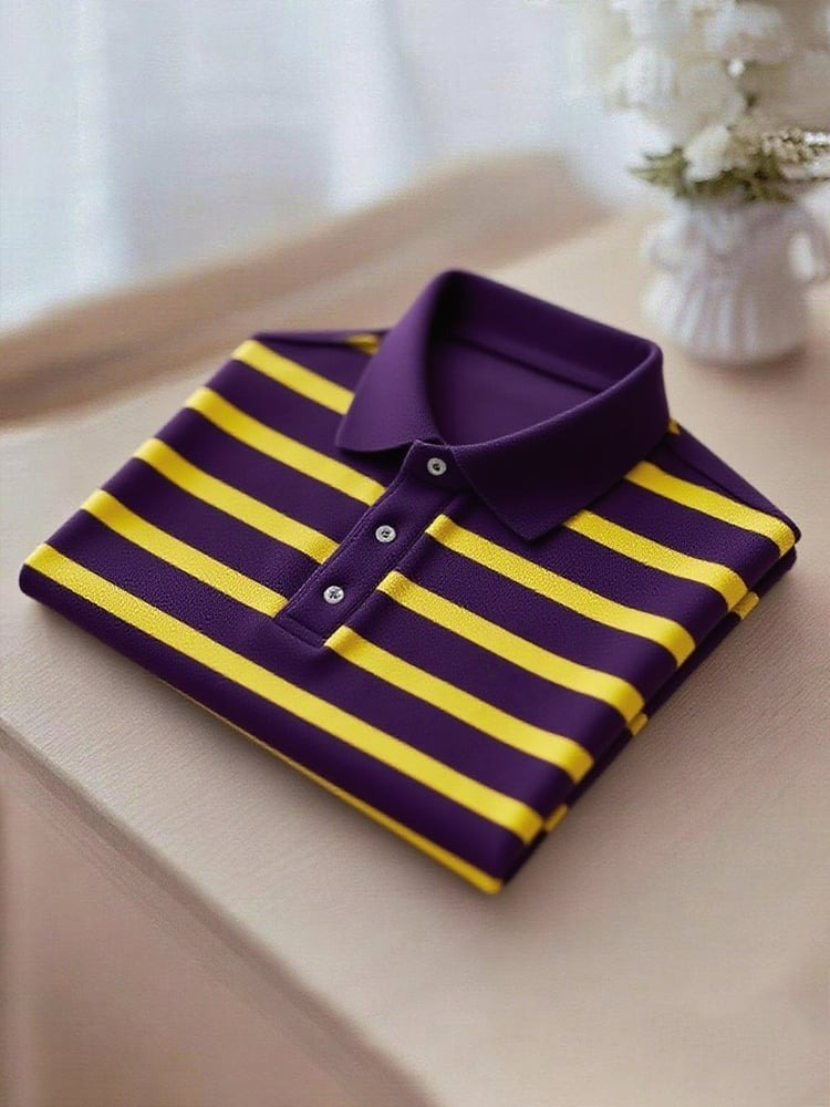 Men's Business Casual Yellow and Purple Striped Logo Button Short Sleeve Polo Shirt