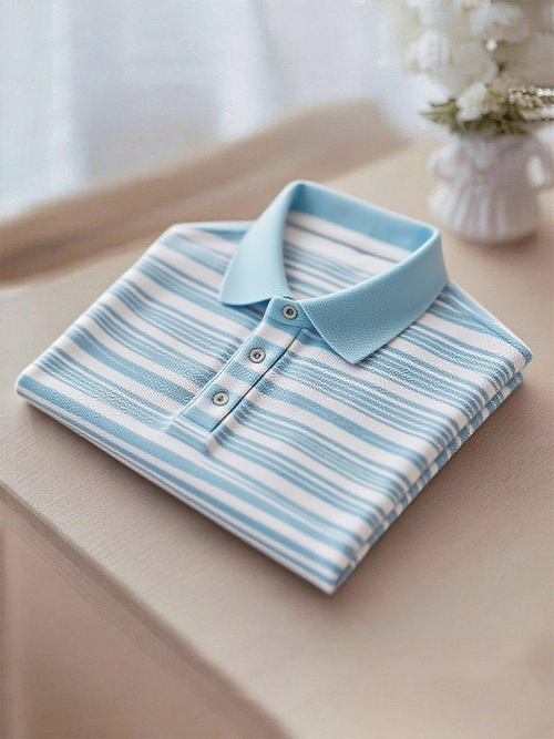 Men's Business Casual Blue Stripe Logo Button Short Sleeve Polo Shirt