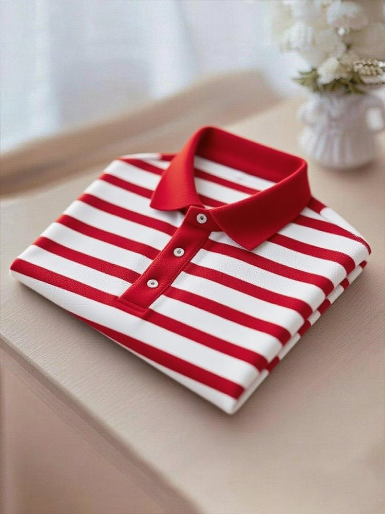 Men's Business Casual Red Stripe Logo Button Short Sleeve Polo Shirt