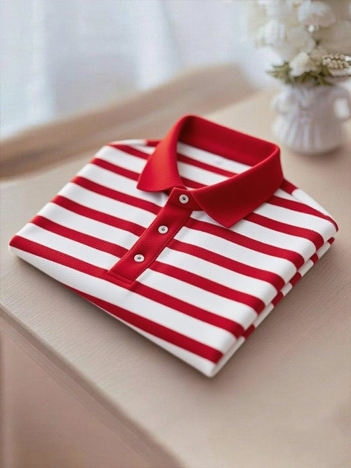Men's Business Casual Red Stripe Logo Button Short Sleeve Polo Shirt