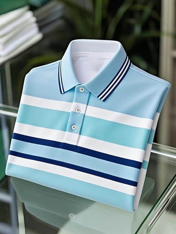 Men's Classic Business Four-Color Stripe Logo Button Short Sleeve Polo Shirt
