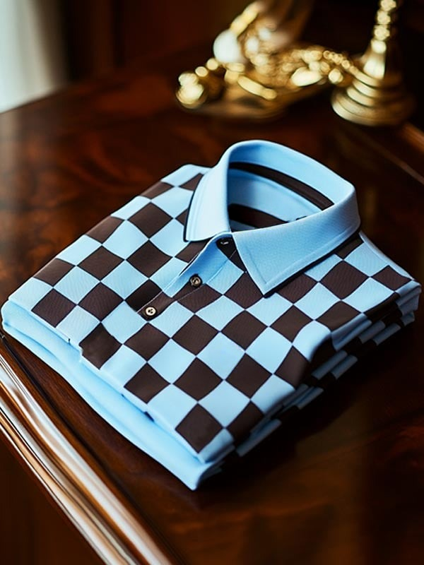 Men's Classic Business Checkerboard Logo Button Short Sleeve Polo Shirt