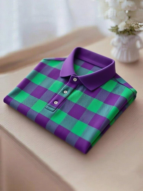 Men's Business Casual Purple Green Plaid Logo Button Short Sleeve Polo Shirt