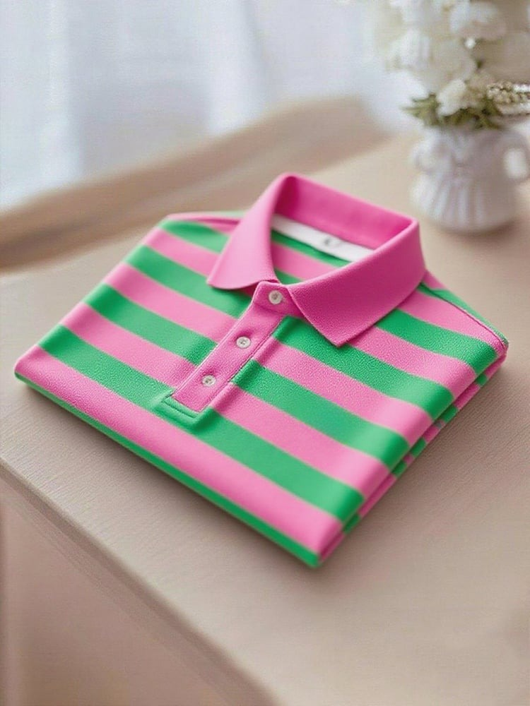 Men's Business Casual Pink and Green Striped Logo Button Short Sleeve Polo Shirt