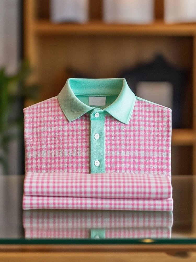 Men's Business Casual Plaid Logo Button Short Sleeve Polo Shirt
