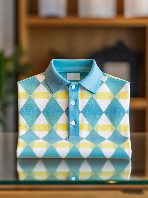 Men's Business Casual Grid Logo Button Short Sleeve Polo Shirt