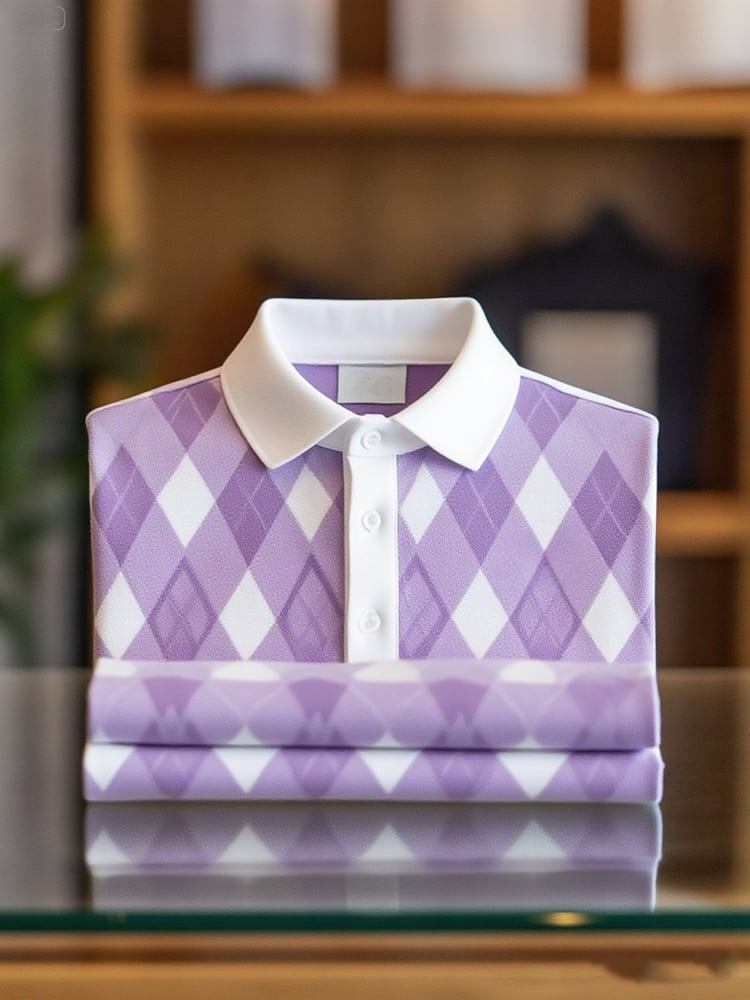 Men's Business Casual Grid Logo Button Short Sleeve Polo Shirt