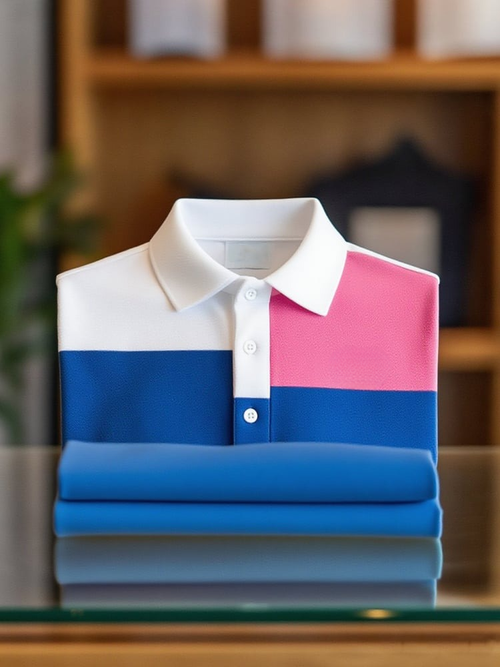 Men's Business Casual Blue White Pink Block Logo Button Short Sleeve Polo Shirt