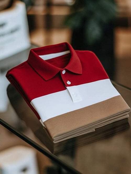 Men's Business Casual White and Red Block Logo Button Short Sleeve Polo Shirt