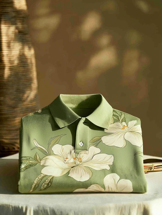 Men's Business Casual Fish Embroidered Button Short Sleeve Polo Shirt