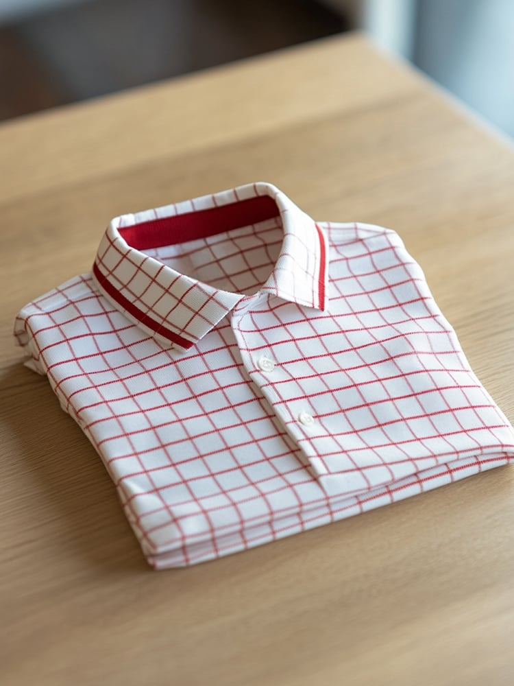 Men's Business Casual Red Line Check Logo Button Short Sleeve Polo Shirt